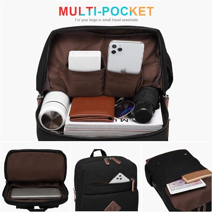 Canvas Backpack for Men Women, Vintage Rucksack Fits Most 15.6 Inch Laptop, Bookbag with USB Charging Port, Black