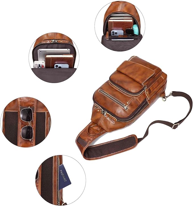 LANNSYNE Full Grain Leather Casual Sling Bag For Men Hiking/Travel/Business Crossbody Chest Bag Fits 12.9" iPad