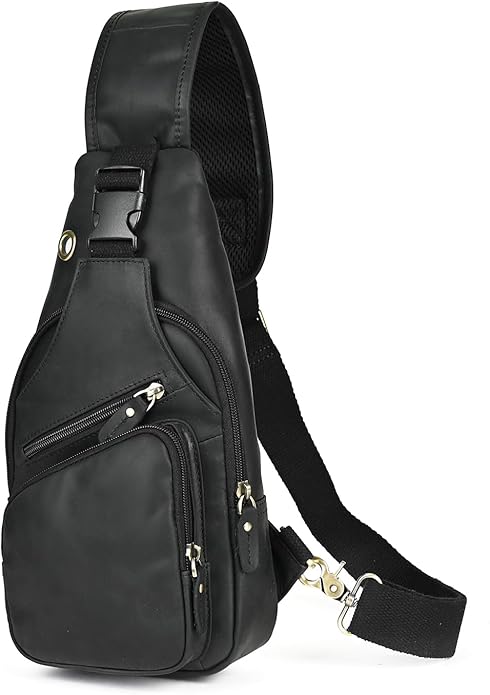 Le'aokuu Men Fashion Casual Tea Designer Travel Hiking Crossbody Chest Sling Bag Rig One Shoulder Strap Bag Men Leather 8015