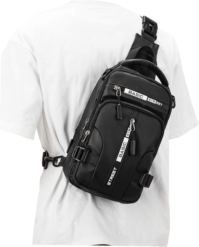 Large Black Sling Bag for Men Women, Mini Anti Theft One Strap Motorcycle Sling Backpack, Small Sling Chest Bag Daypack Crossbody Backpack with Usb Port for Casual Travel Hiking Gym Outdoor Sports