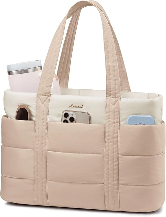 LOVEVOOK Tote Bag for Women, Large Puffer Work Tote Laptop Bag, Lightweight Travel Tote Bag with Zipper Gifts for Women