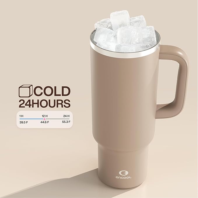 40 oz Tumbler with Handle and Straw: Stainless Steel Insulated Tumbler Keeps Cold for 24 Hours, Leakproof Travel Cup Fits in Cup Holder and BPA-Free, Raw Umber