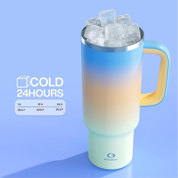 40 oz Tumbler with Handle and Straw: Stainless Steel Insulated Tumbler Keeps Cold for 24 Hours, Leakproof Travel Cup Fits in Cup Holder and BPA-Free, Sunny Breeze