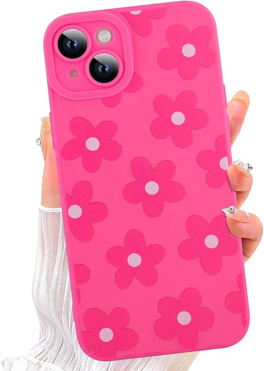 ZIYE for iPhone 13 Case Hot Pink Flower Pattern Phone Case with Camera Protection,Soft TPU Silicone Rubber Protective Cover Floral Design Cases Compatible with iPhone 13 6.1 Inch