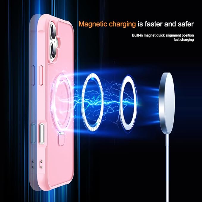 Compatible with iPhone 17 Case with Invisible Magnetic O-Ring Stand Military-Grade Translucent Phone Case for iPhone 17 6.3" [Compatible with Mag-Safe][Great Grip Feeling], Pink