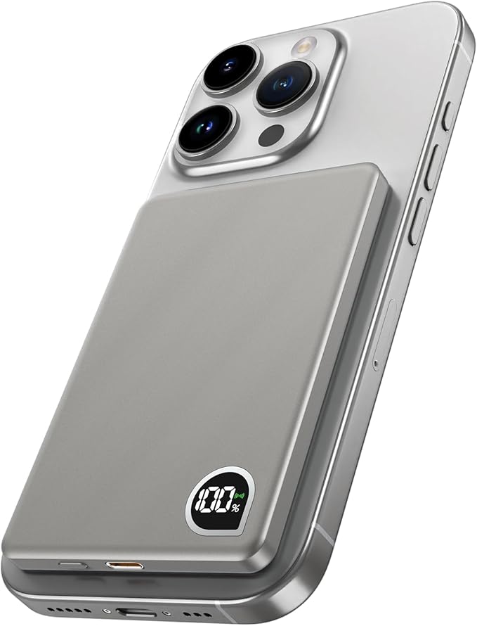 Portable Charger Power Bank, 5000mAh Ultra Slim Battery Bank with USB-C Cable & Digital Display, 22.5W Fast Charging Magnetic Battery Pack for iPhone 16/15/14/13 Series, Samsung & Android(Gray)