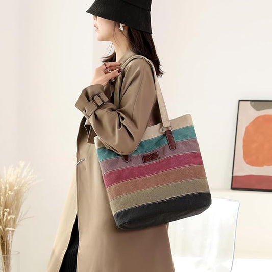 Striped Canvas Tote Bag - Multi-Color Crossbody Shoulder Purse Tote-Handbag for Women