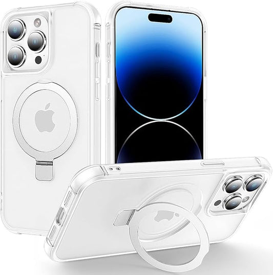 Magnetic Compatible with iPhone 14 Pro Case with Stand [Military Grade Drop Tested][Compatible with Magnet] Ring Translucent Slim Hard Back Soft Edge, Frost White
