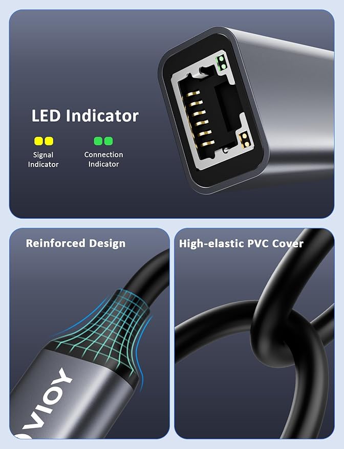 VIOY USB C to Ethernet Adapter, 1Gbps RJ45 to USB C Network Adapter, Portable Type C to Ethernet Dongle Compatible for Thunderbolt 4/3, MacBook Pro/Air, iPhone 16/15 Pro/Max, iPad, XPS