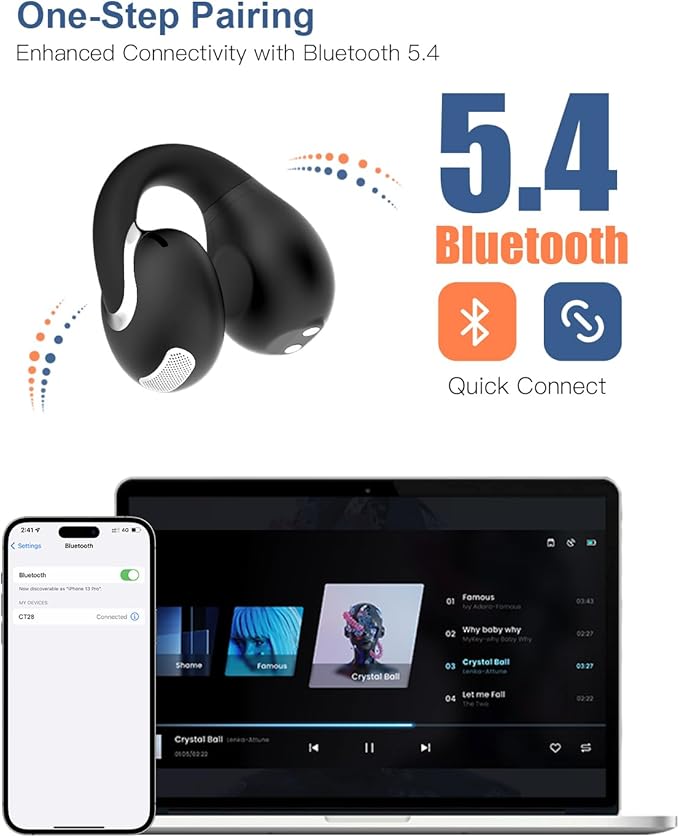 Open Ear Earbuds Bluetooth 5.4 True Wireless Clip On Earbuds Lightweight Comfort Bone Conduction Headphones Built-in Mic for Clear Audio Waterproof Stable Fit for Outdoor Sports Black