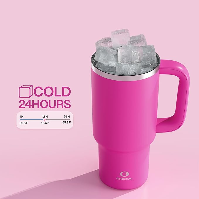 32 oz Tumbler with Handle and Straw: Stainless Steel Insulated Tumbler Keeps Cold for 24 Hours, Leakproof Travel Cup Fits in Cup Holder and BPA-Free, Persian Rose