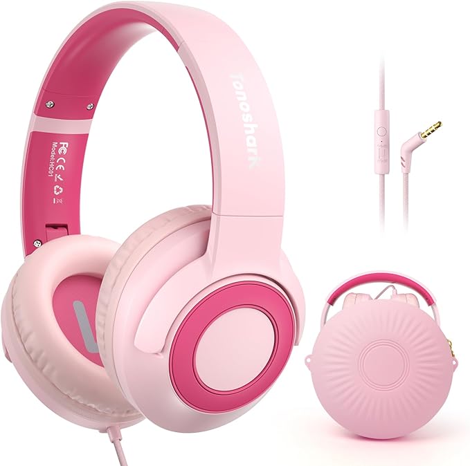 Kids Wired Headphones with Microphone, Volume Limited to 85/94dB Pink Earphone for Girls, Foldable 3.5mm Jack Headset for School & Travel, Includes Portable Case