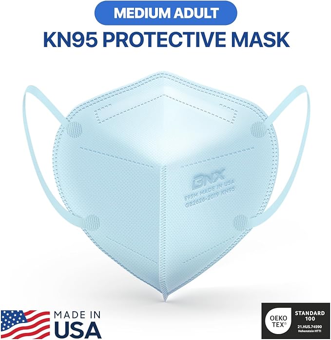BNX KN95 Face Masks Made in USA (Adult Large, Adult Medium, Kids Small) (Earloop) (Model: E95/E95M/E95S)
