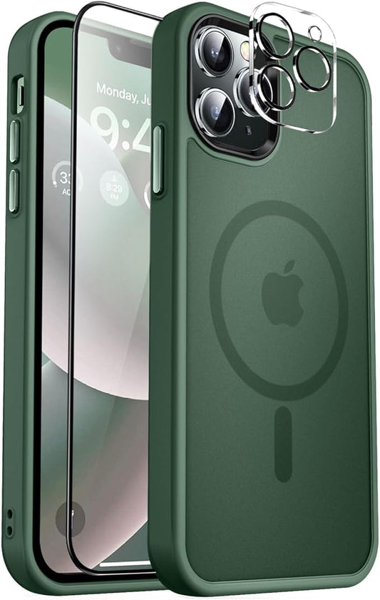 MOCCA Strong Magnetic for iPhone 12 Pro Max Case,[Compatible with Magsafe][Glass Screen Protector+Camera Lens Protector] Slim Thin Shockproof Cover Phone Case for iPhone 12 Pro Max 6.7",Midnight Green