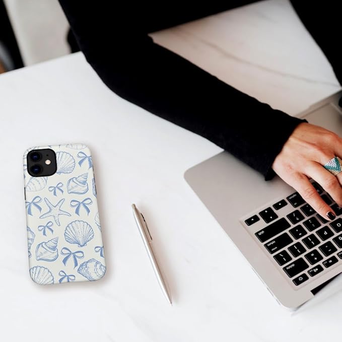 DAIZAG Case Compatible with iPhone 12,Fit Shockproof Cover for Women Girls,Blue Seashell Bow