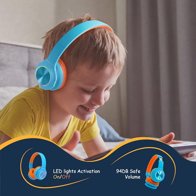 PowerLocus PLED Kids Bluetooth Headphones, Kids Wireless Headphones with LED Lights, 74/85/94dB Safe Volume, Micro SD, AUX Cable, Hi-Fi Stereo, Built-in Mic Over Ear Kid Headphone for Travel/Tablet/PC