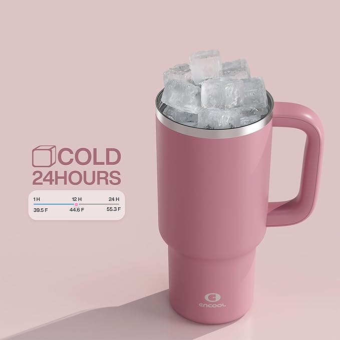 32 oz Tumbler with Handle and Straw: Stainless Steel Insulated Tumbler Keeps Cold for 24 Hours, Leakproof Travel Cup Fits in Cup Holder and BPA-Free, Turkish Rose