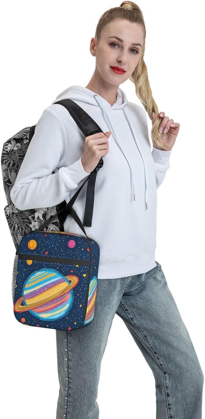 Colorful Planet Lunch Box for Kids,Women,Men,Galaxy Space Design Insulated Lunchbox,Leakproof Tote Bag,Reusable Cooler Bags for Work,Picnic,Office,Travel,Cartoon Style Lunchbag Gifts