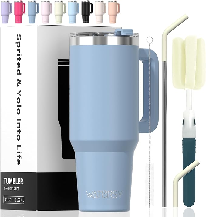 40 oz Tumbler with Handle,Tumbler with Lid and Straw,Double Wall Insulated Cup Stainless Steel Travel Mug(Cold for 34 Hours),Water Bottle for Iced Tea,Coffee,Cold Beverages(Smog Blue)