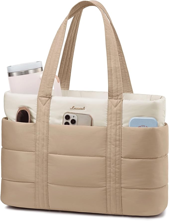 LOVEVOOK Tote Bag for Women, Large Puffer Work Tote Laptop Bag, Lightweight Travel Tote Bag with Zipper Gifts for Women