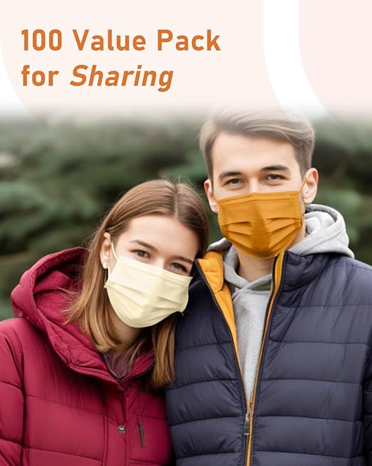 Face Masks Disposable 100 Pack, 4 Ply ASTM Level 3 Medical Grade, Breathable for Adult Outdoor Protection, Individually Wrapped for Home, School & Office, Autumn Wheat