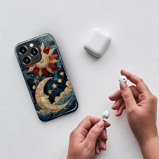 Case for iPhone 15 Pro Case,Sun Moon Stars Faux Stained Glass Design - Hybrid Dual Protection Silicone + Hard PC Shockproof Full Body Cover Slim Anti-Scratch Protective Case for Men Women