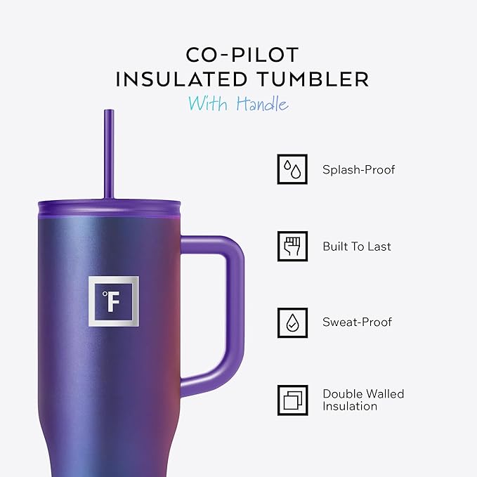 IRON °FLASK Co-Pilot Insulated Mug w/Straw & Flip Cap Lids - Cup Holder Bottle for Hot, Cold Drink - Leak-Proof- Water, Coffee Portable Travel Tumbler - Sage, 40 Oz
