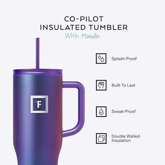 IRON °FLASK Co-Pilot Insulated Mug w/Straw & Flip Cap Lids - Cup Holder Bottle for Hot, Cold Drink - Leak-Proof - Water, Coffee Portable Travel Mug - Cashmere Cream, 40 Oz