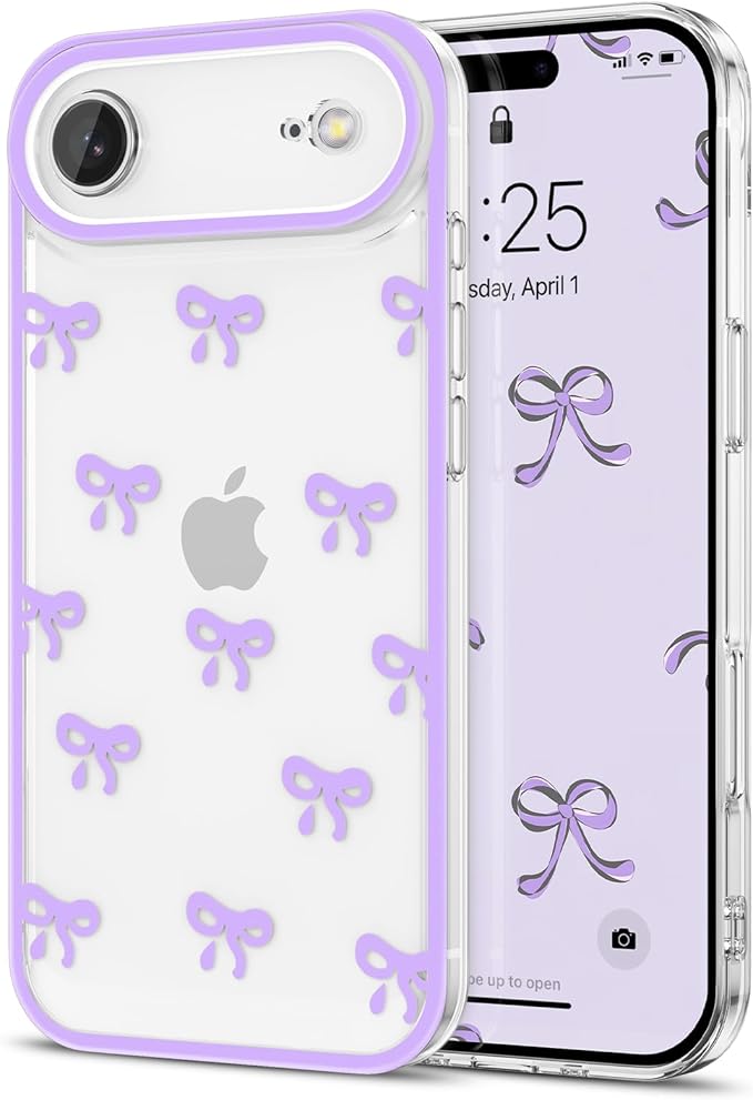 EYZUTAK Case for iPhone Air, Clear Cute Ribbon Bowknot Pattern Aesthetic Transparent Phone Case Raised Camera Protection Stylish Slim Soft Durable TPU Protective Cover for Women Girls - Purple