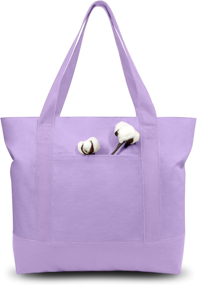 TOPDesign 1-Pack Canvas Tote Bag with an External Pocket, Reusable Grocery Shopping Bag, Top Zipper Closure, Daily Essentials (Lavender)