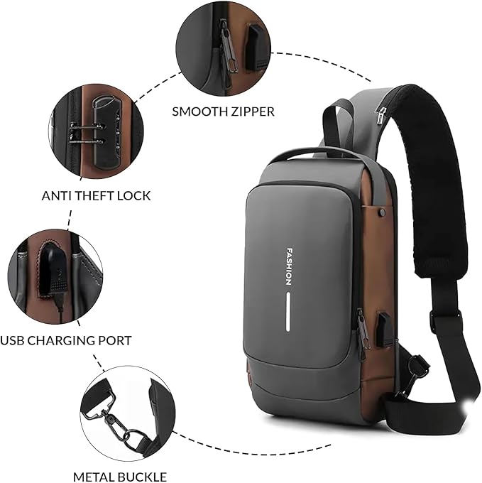 Unisex Anti-Theft Sling Bag with USB Port, Water-Resistant Crossbody Chest Backpack for Travel & Work