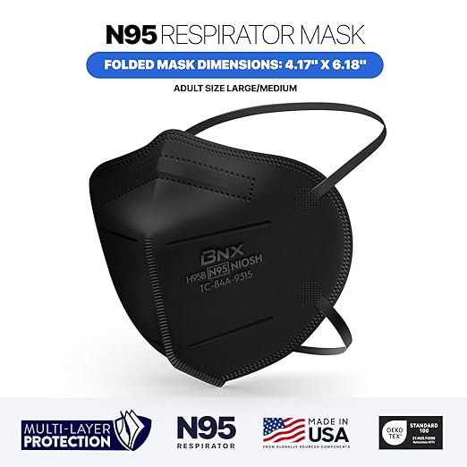 AccuMed BNX N95 Mask Black NIOSH Certified MADE IN USA Particulate Respirator Protective Face Mask (20-Pack, Approval Number TC-84A-9315 / Model H95B) Black
