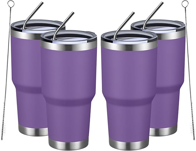MEWAY 30oz Insulated Tumbler With Lids and Straws,Stainless Steel Double Vacuum Coffee Tumbler Cup, Brush, Durable Powder Coated Coffee Cup for Cold & Hot Drinks, Office, Travel(Purple,4 PACK)