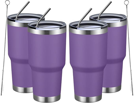 MEWAY 30oz Insulated Tumbler With Lids and Straws,Stainless Steel Double Vacuum Coffee Tumbler Cup, Brush, Durable Powder Coated Coffee Cup for Cold & Hot Drinks, Office, Travel(Purple,4 PACK)