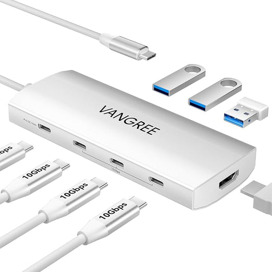 USB C Hub 8 in 1 Multiport Adapter, 3 USB 3.2 Gen 2 Ports with 10Gbps, 3 USB-A 3.0 5Gbps, 4K@60Hz HDMI, 100W PD, USBC Splitter for MacBook Pro, iPad Pro, Mac mini and More(Not Support USB-C Monitor)