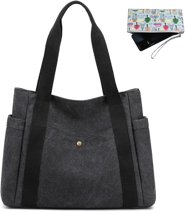 Women's Canvas Tote Handbags Multi-pocket Retro Casual Shoulder Bag Top Handle Satchel Tote Purse