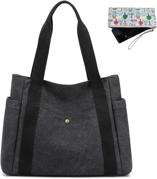 Women's Canvas Tote Handbags Multi-pocket Retro Casual Shoulder Bag Top Handle Satchel Tote Purse