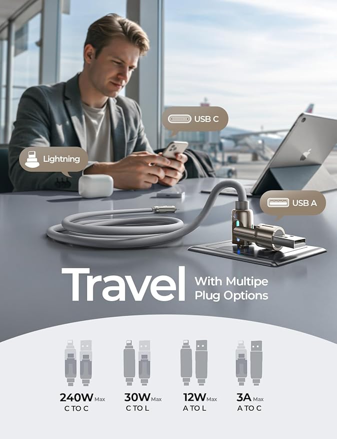 LISEN USB C to Lightning Cable, 240W 4 in 1 Charging Cable 6.6FT, Chubby USB A/C to C/Lightning with Light for iPhone Air 17 16 15 14 Pro/MacBook/iPad/Samsung/Switch 2, Multi Chargers for All Devices
