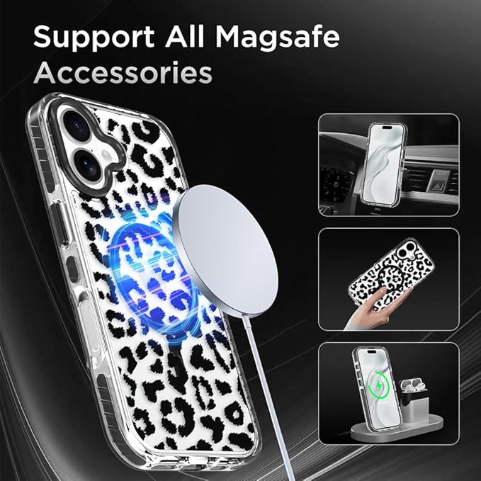 SAKUULO Magnetic for iPhone 17 Case with Screen Protector [Compatible with MagSafe] Black Leopard Print Pattern Wireless Charge Strengthen Protection Cover Black Leopard (6.1")