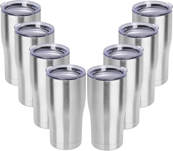 DOMICARE 20oz Tumbler with Lid Stainless Steel Tumblers Bulk, Double Wall Vacuum Insulated Coffee Travel Mug, 8 Count (Pack of 1) Stainless Steel