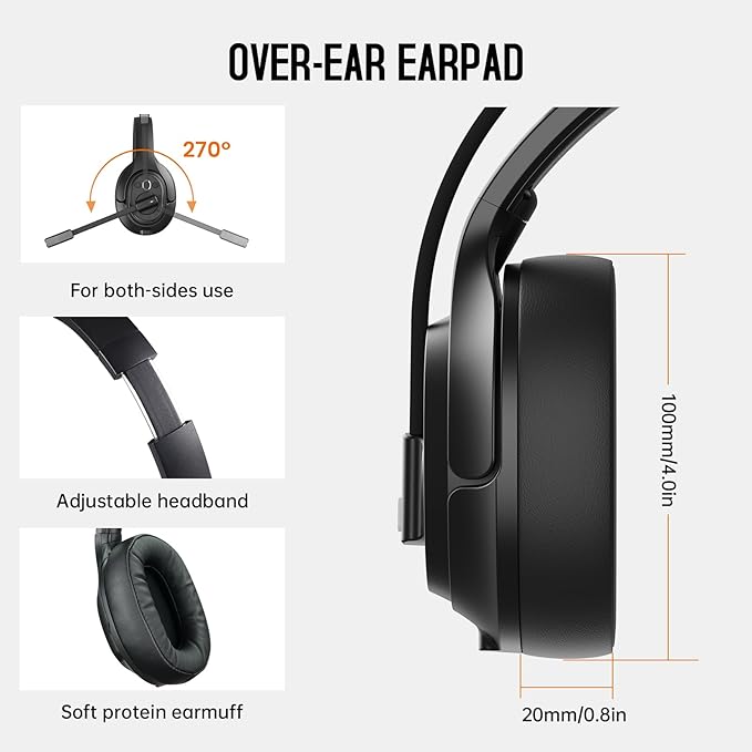 EKSA [Upgrated Trucker Bluetooth Headset with ENC Microphone, 99ft Wireless Range & 30H Talk Time, with Replaceable Ear Pad, Environmental Noise Cancelling Headphones All-Day Comfort for Drivers