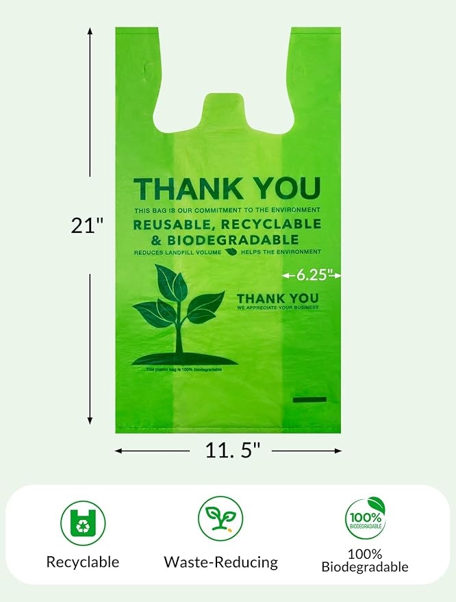 100 Count 100% Biodegradable Thank You Bags – Compostable, Recyclable, Eco-Friendly Grocery T-Shirt, 11.5" x 6.25" x 21", 16 Mic