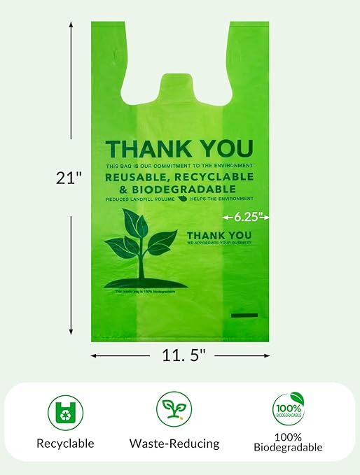 500 Count Recyclable Compostable 100% Biodegradable T-Shirt Bags, Eco-Friendly Grocery Shopping Bags, 11.5" x 6.25" x 21", 16 Mic