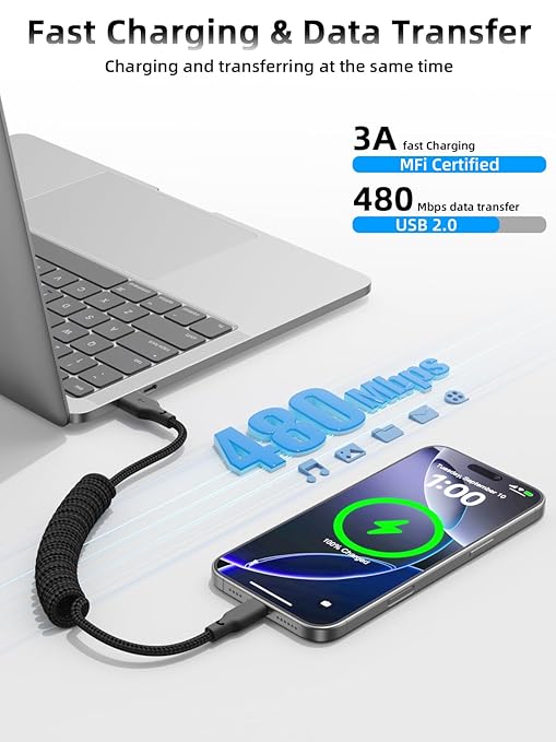 Car Carplay Cable 2Pack 3ft Coiled USB A to USB C Fast Charge Cord for iPhone 17/16/15/Plus/Pro Max/MacBook Pro, Auto Coiled Retractable iPhone Car Cord