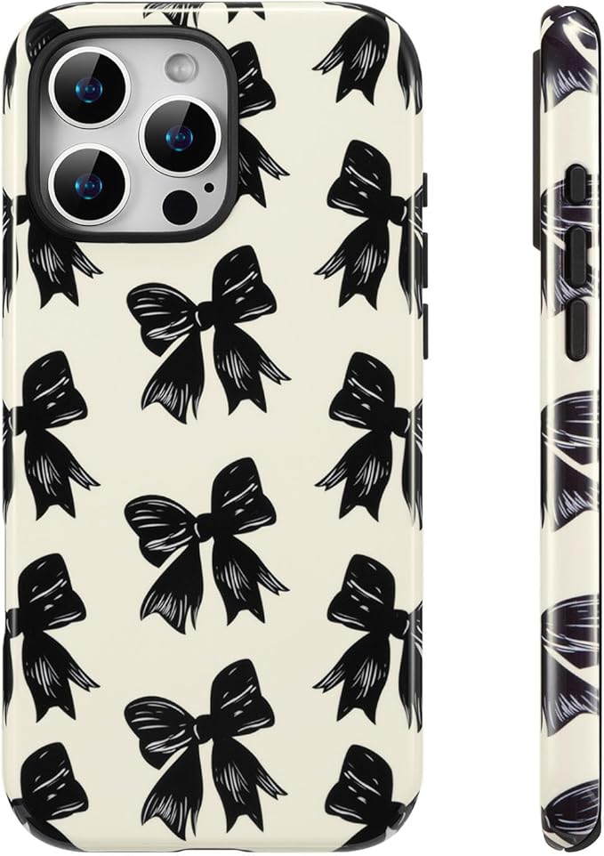 QLTYPRI Case for iPhone 16 Pro Max, Aesthetic Black Ribbon Bow Phone Case for Girls Women, Protective Hybrid 2-Layer Hard Shell Silicone Cover Durable Shockproof Phone Cover - Beige