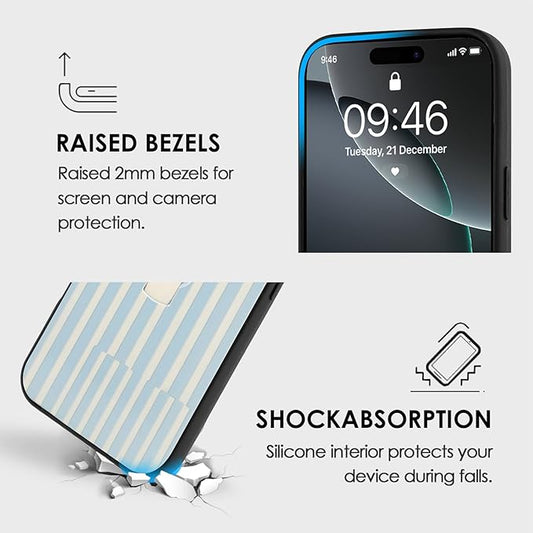 Compatible with iPhone 16 Pro Case with Finger Hand Strap Kickstand, Trendy Cool Striped Phone Case for Women Men, Full Camera Protection Shockproof Protective Cover, White and Blue Stripes