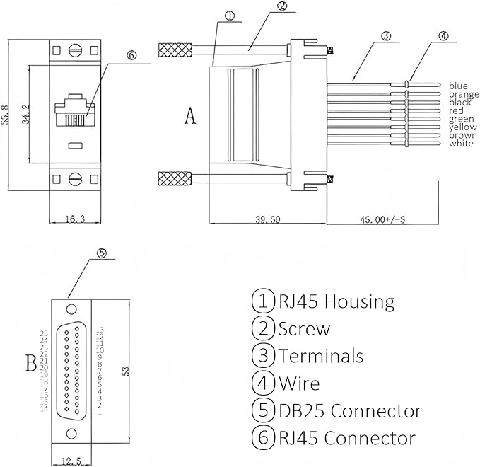 10PCS (5 Male+5 Female) DB25 to RJ45 Modular Adapter, 25 Pin Serial Port to RJ45 Female Ethernet LAN Extend Modular Converter