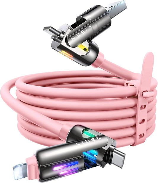 LISEN Pink iPhone Charger Cable, 240W Chubby USB C, 4 in 1 Charging Cable (6.6FT) with Light, USB A/C to C/L Multi Charging for iPhone 16 15 14 Pro Max/MacBook/iPad Pro/Samsung, Pink Accessories