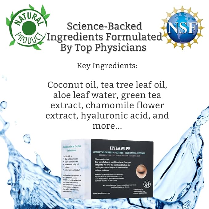 TearRestore Tea Tree HylaWipe Eyelid Wipes - 30 Count | Hydrating Eye Lid Cleanser | Blepharitis Treatment for Eyelids | Eye Lid Cleansing Wipes | Eyes Wipe for Dry, Red, Itchy, And Irritated Eyes