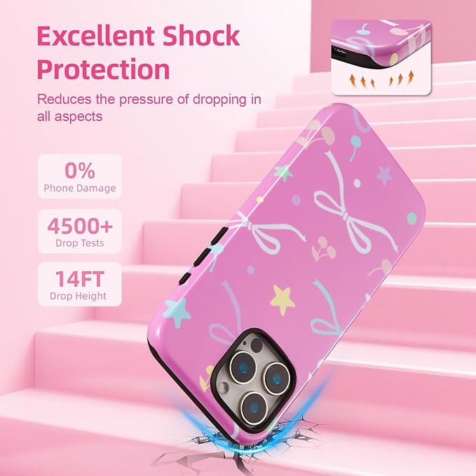 QLTYPRI Case for iPhone 16 Pro Max, Aesthetic Colorful Bow Cherry Stars Phone Case for Girls Women, Protective Hybrid 2-Layer Hard Shell Silicone Cover Durable Shockproof Phone Cover - Rose Red